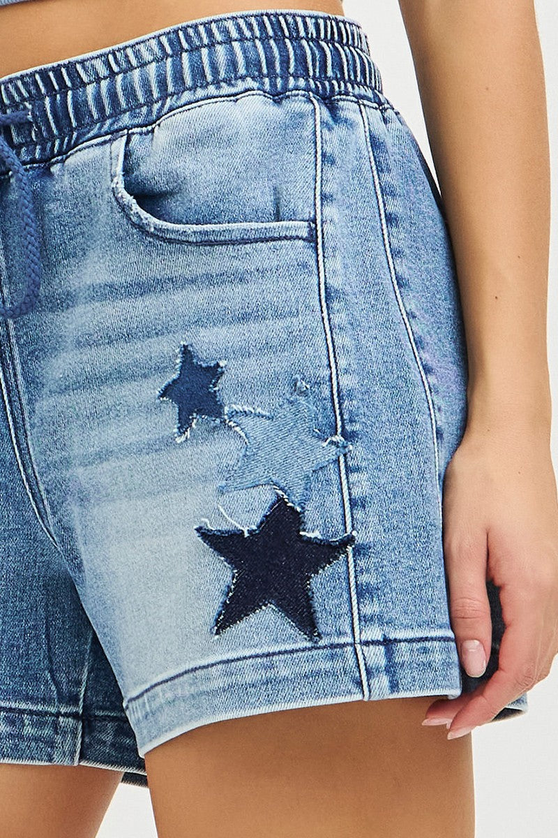 RISEN Medium Washed Elastic Band Slouchy Denim Shorts with Star Patched Details