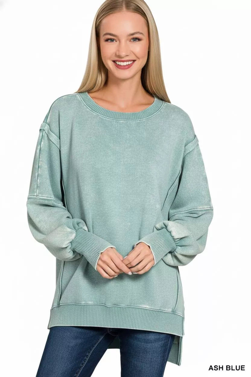Zenana Ash Blue Acid Washed Batwing Sleeve Fleece Sweatshirt
