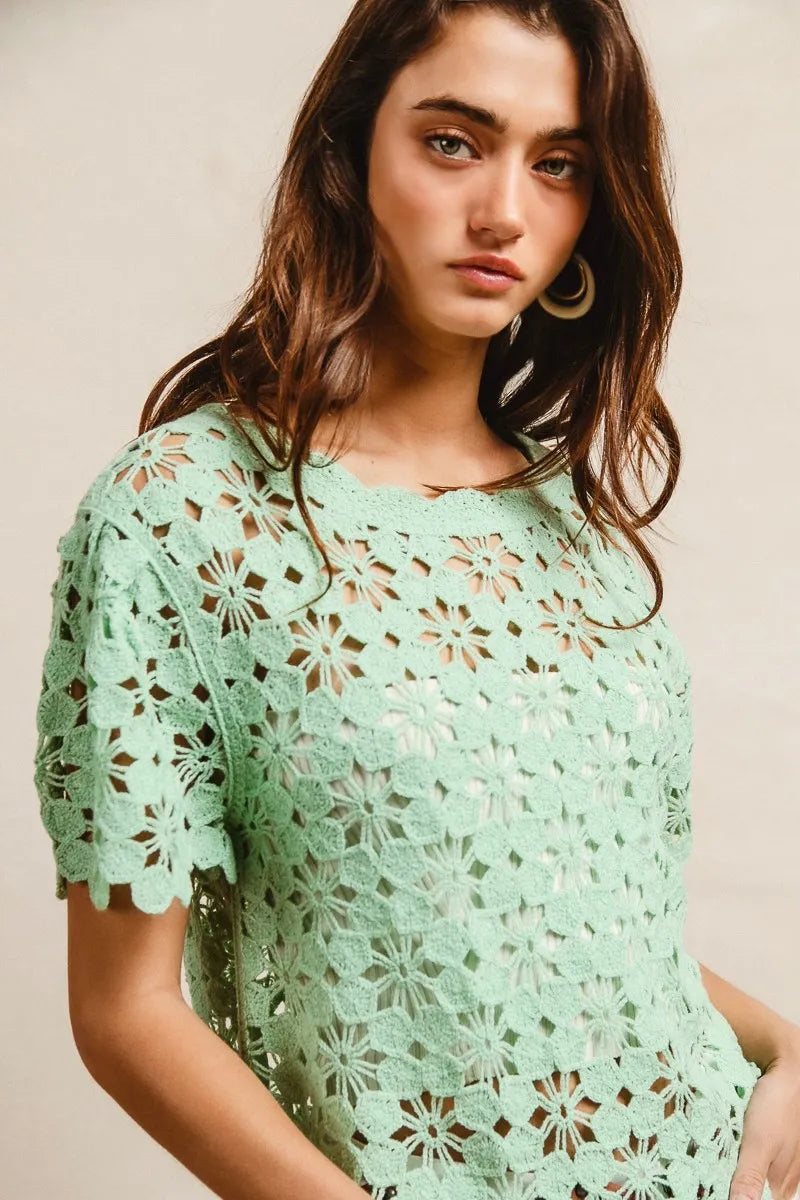 BiBi Light Green Openwork Crochet Short Sleeve Knit Top