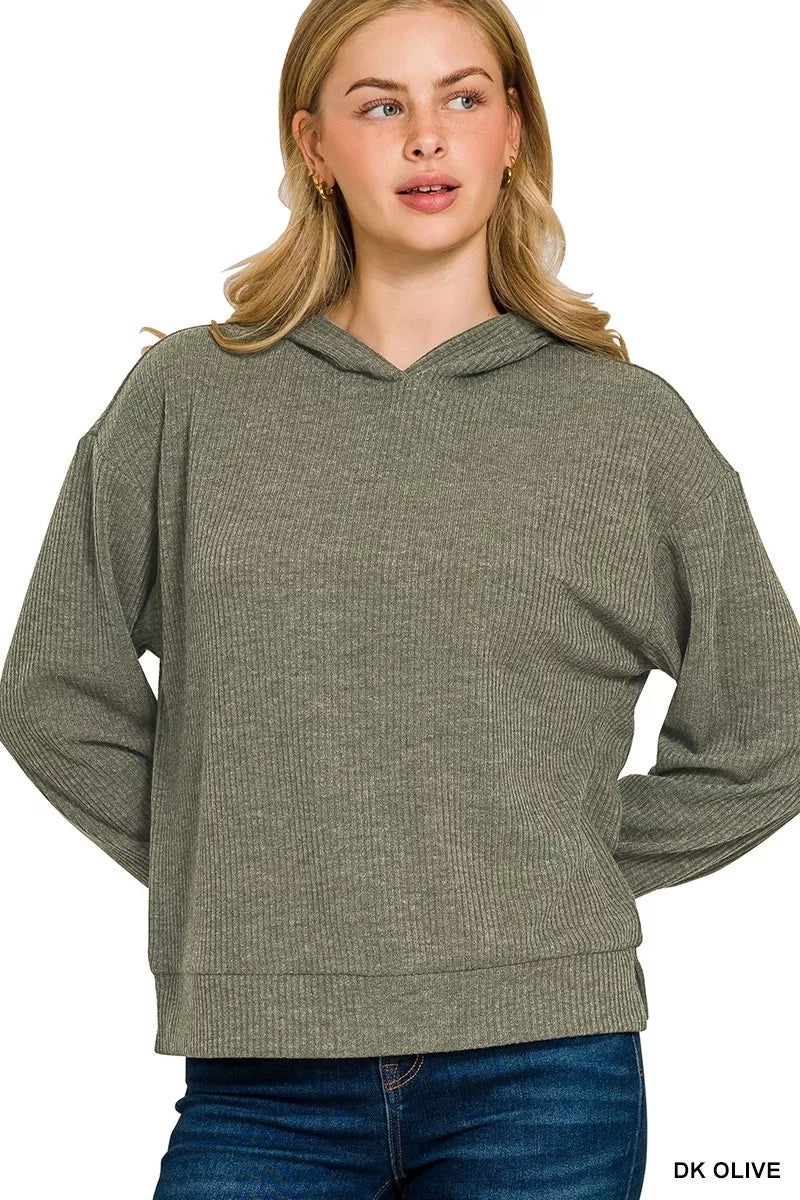 Zenana Olive Ribbed Long Sleeve Hoodie