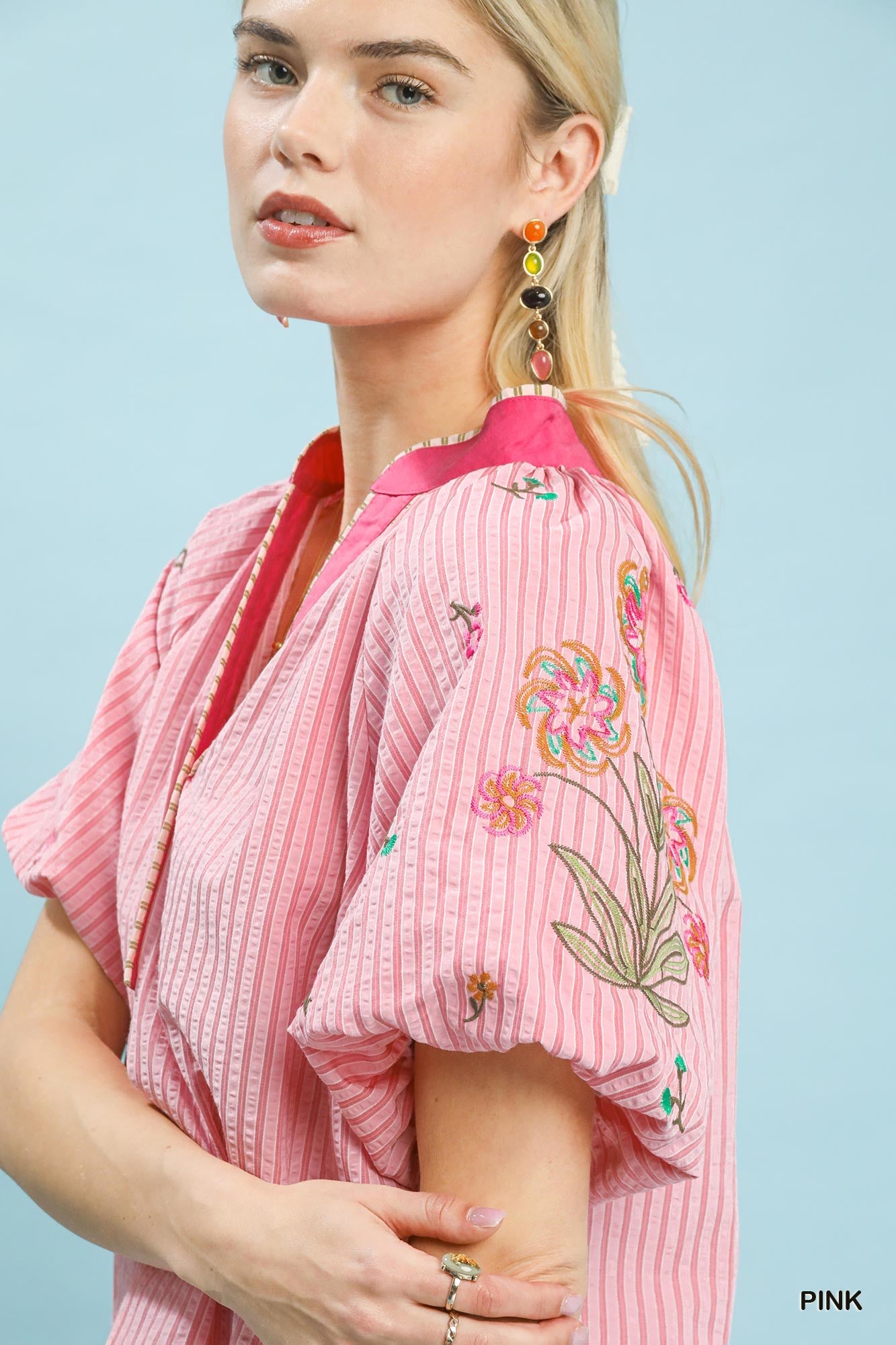 Umgee Pink Embroidered Stripe Top