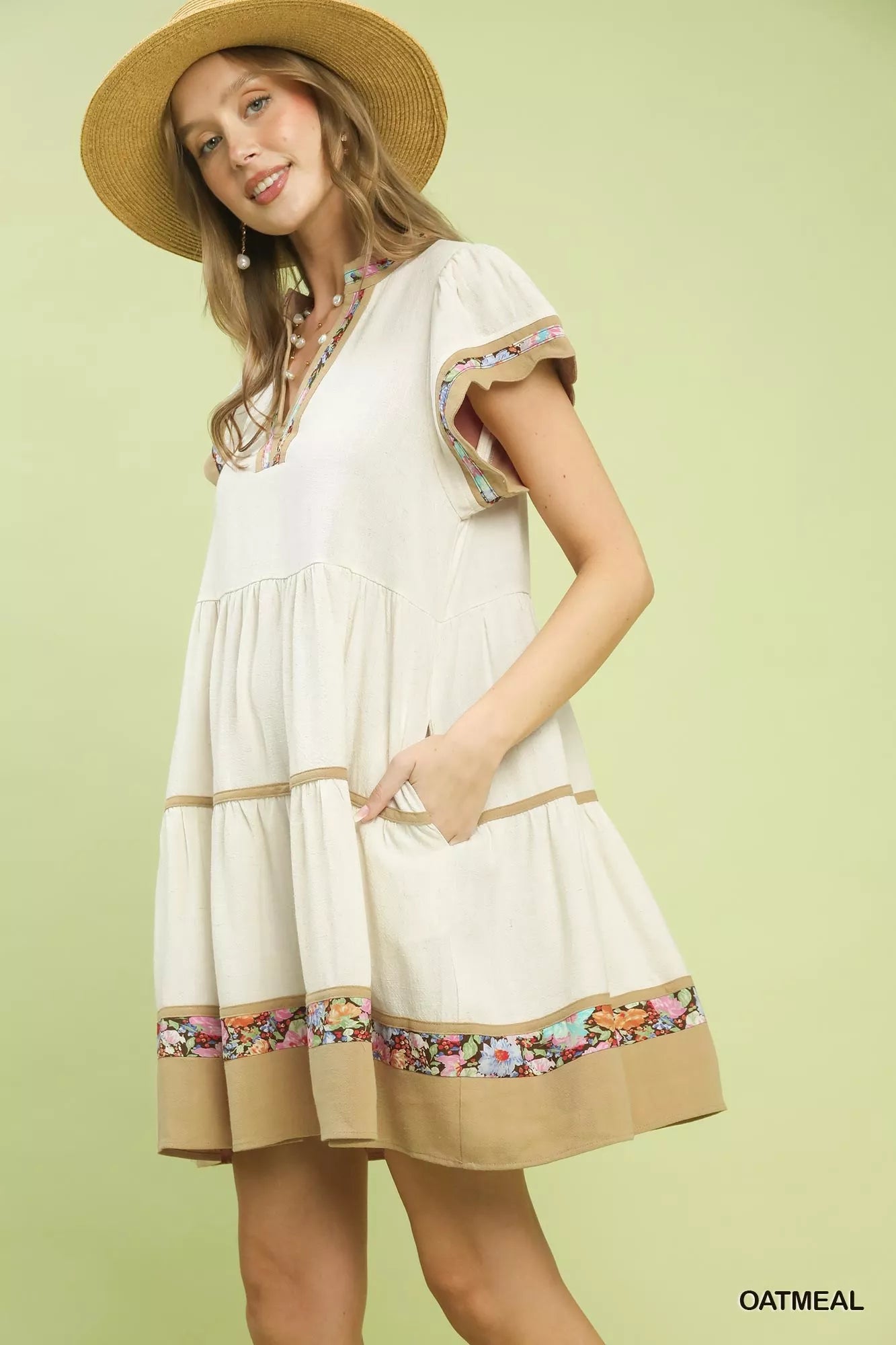 Umgee Linen Tiered Flutter Sleeve Dress with Floral Trim