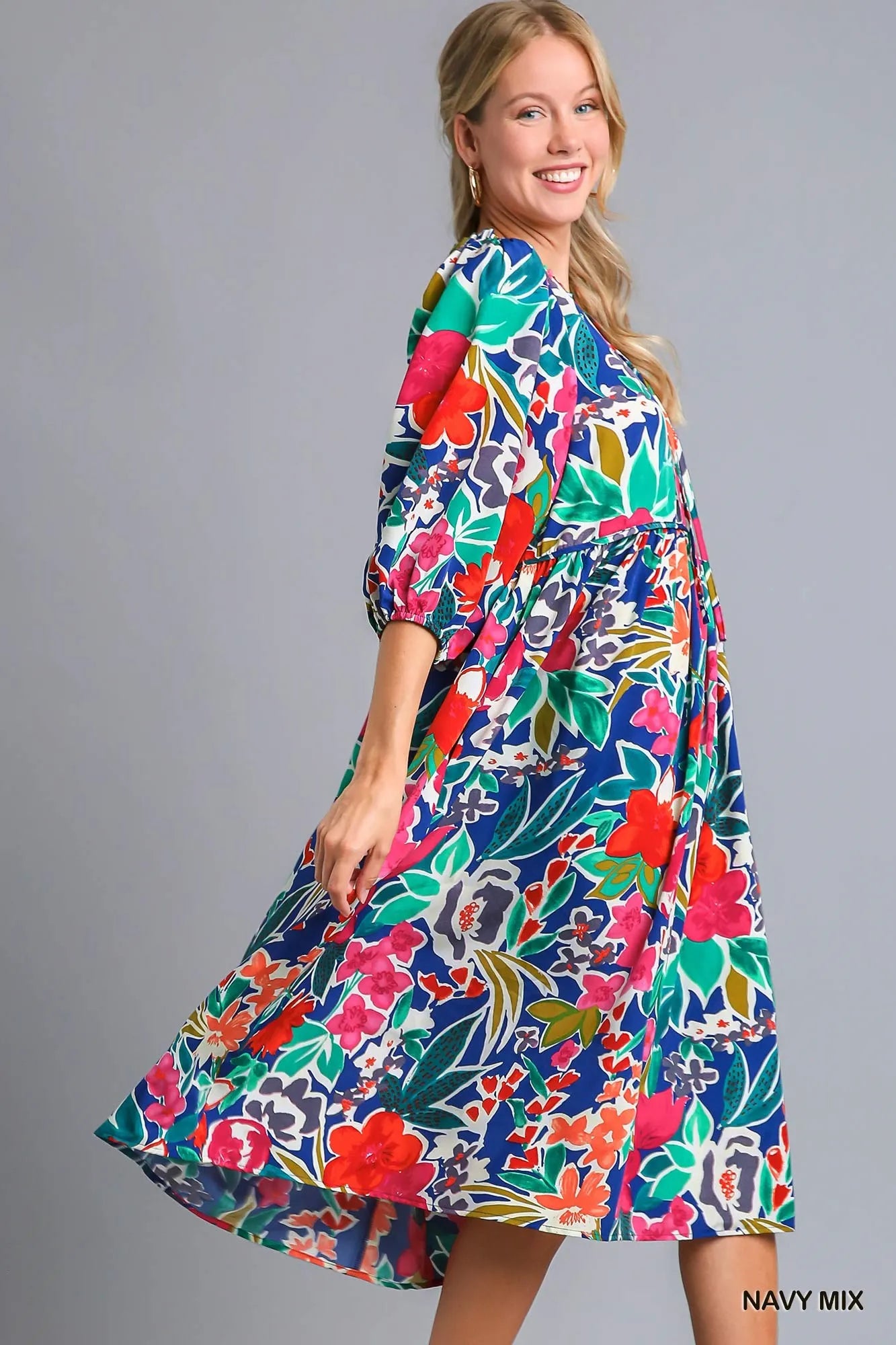 Umgee Navy Mix Floral Print Tie Neck Midi Dress with Pockets