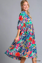 Umgee Navy Mix Floral Print Tie Neck Midi Dress with Pockets