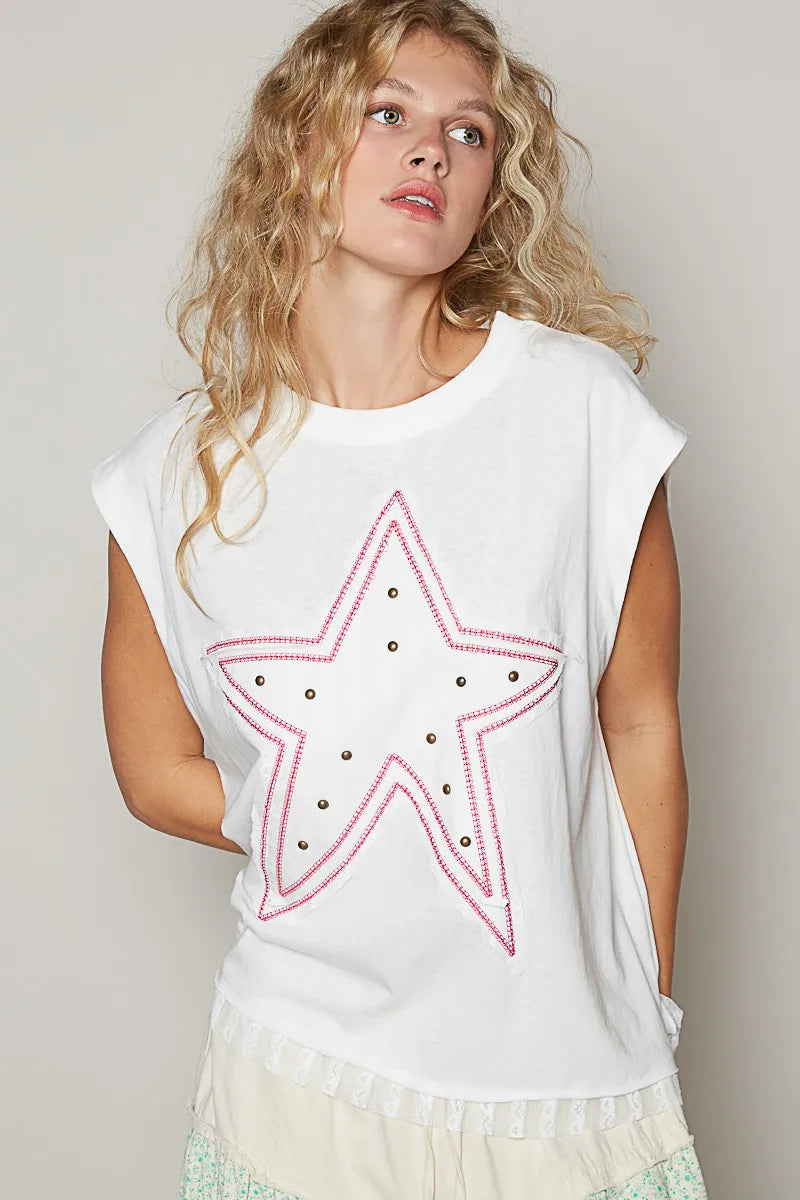 POL Off White Star Patch Studded Sleeveless Knit Top with Lace Hem White