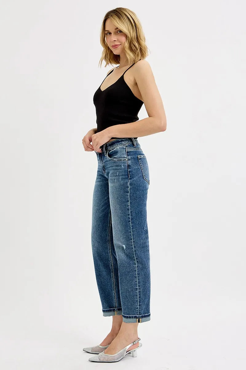 RISEN Dark Washed Low Rise Crop Boyfriend Jeans