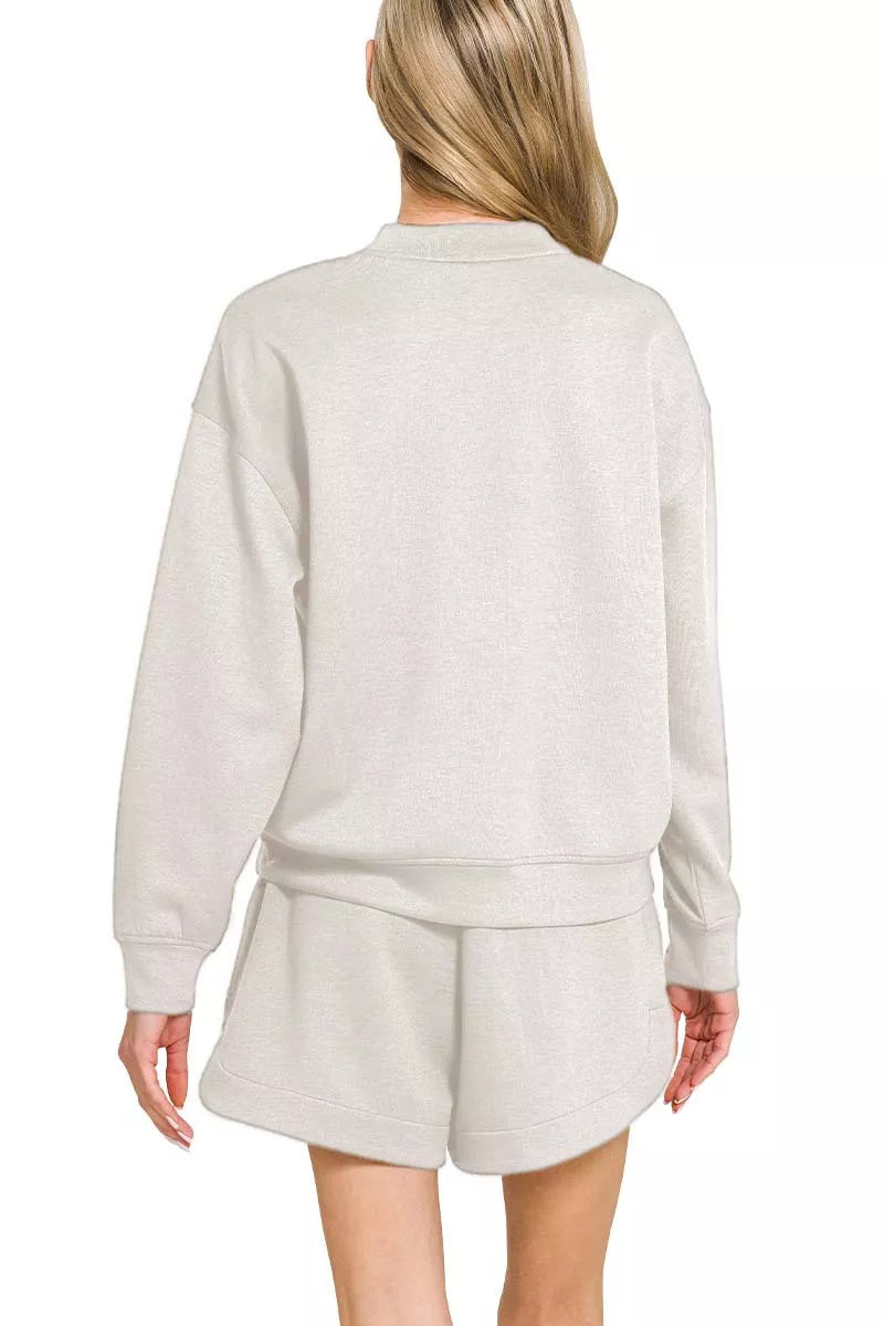 Zenana Heather Grey Scuba Long Sleeve Sweatshirt and Shorts Set