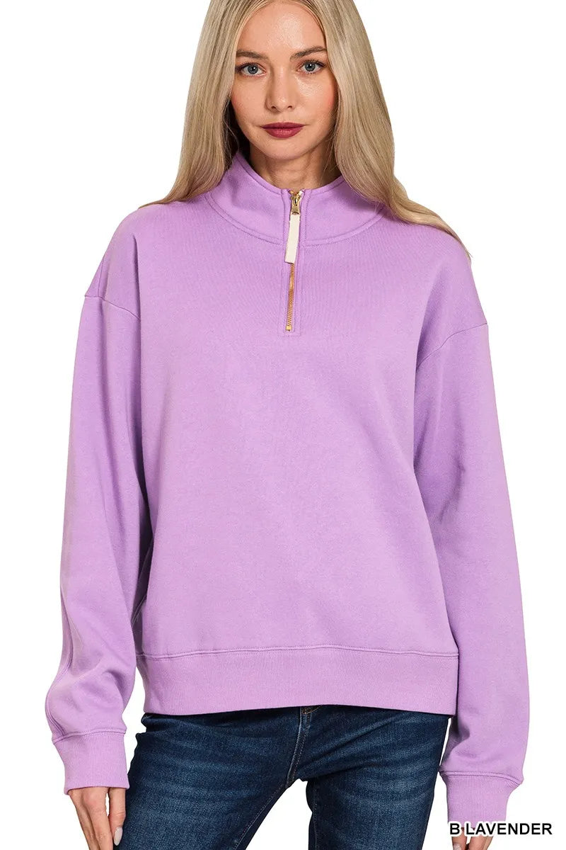 Zenana Lavender Fleece Half Zip Sweatshirt
