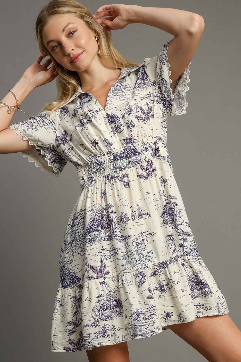 Umgee Cream Landscape Print Collared Mini Dress