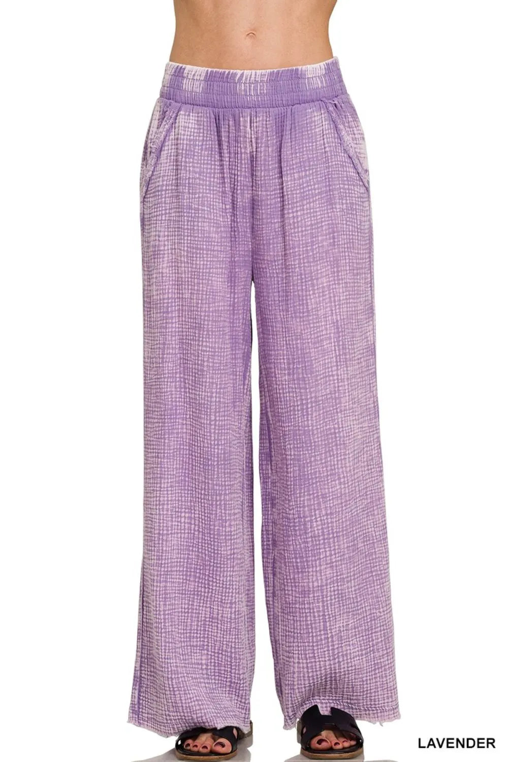 Zenana Lavender Washed Double Gauze Elastic Band Waist Pants LAVENDER