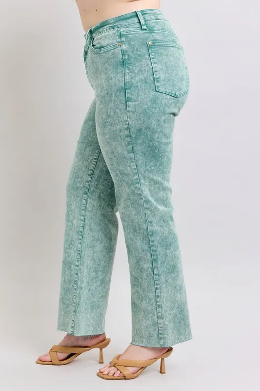 Judy Blue Sea Green High Waist Garment Dyed Raw Hem Dad Jeans