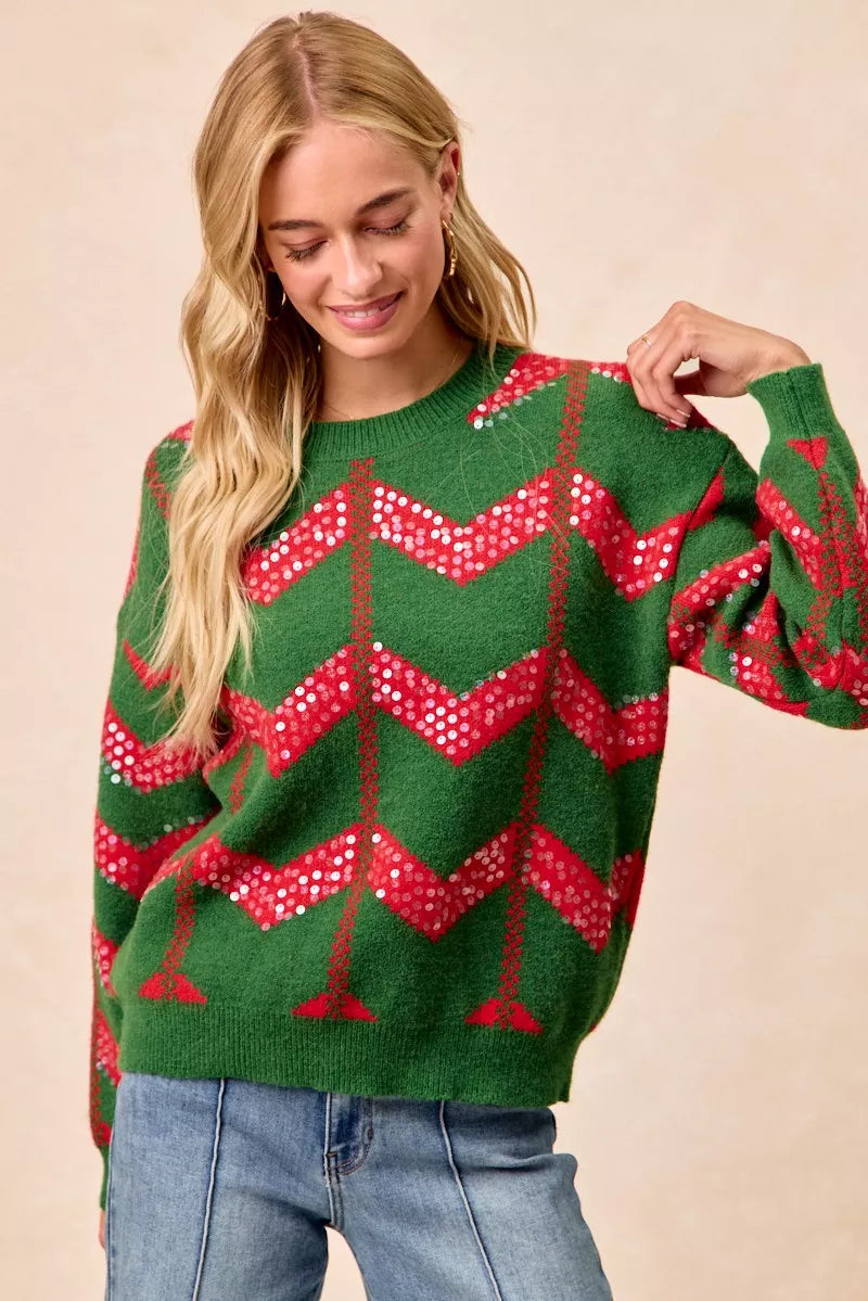 BiBi Hunter Green & Ref Christmas Theme Chevron Sequins Detail Sweater