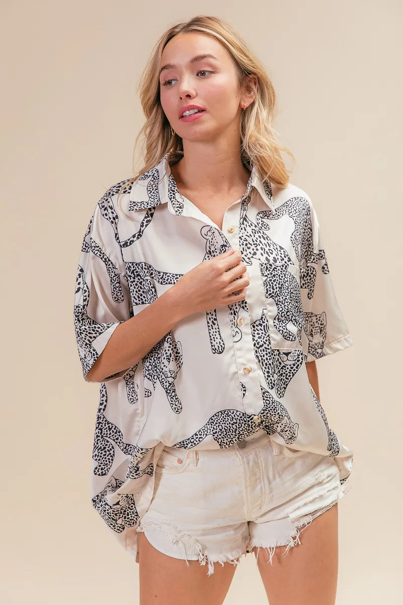 BiBi Oatmeal Leopard Print Short Sleeve Silky Satin Shirt Top