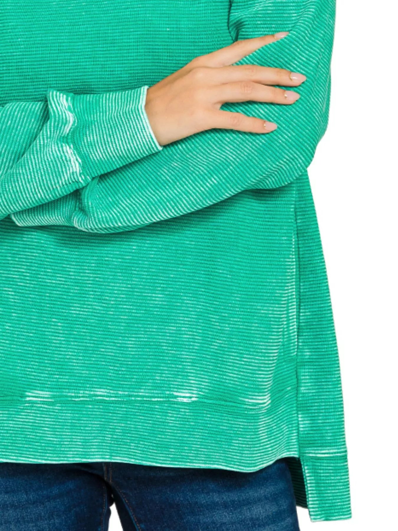 Zenana Kelly Green Acid Washed Double Ribbed Hi-low Sweatshirt