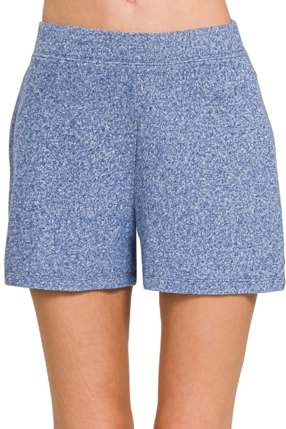 Zenana Light Navy Soft Melange Hacci Elastic Waisted Shorts LT NAVY
