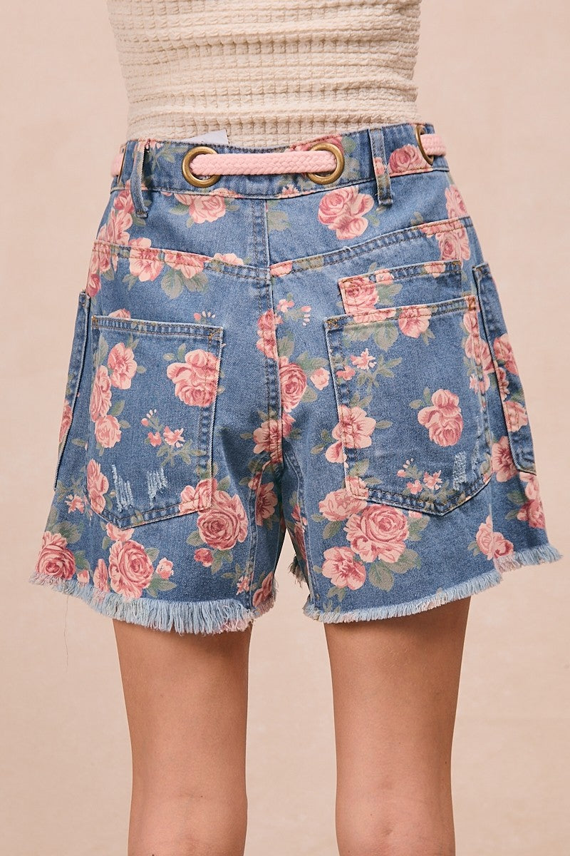 BiBi Braided Waist Belt Patch Pockets Floral Print Denim Shorts