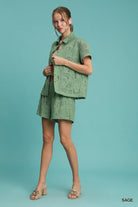 Umgee Sage Patch Lace Short Sleeve Button Down Shirt