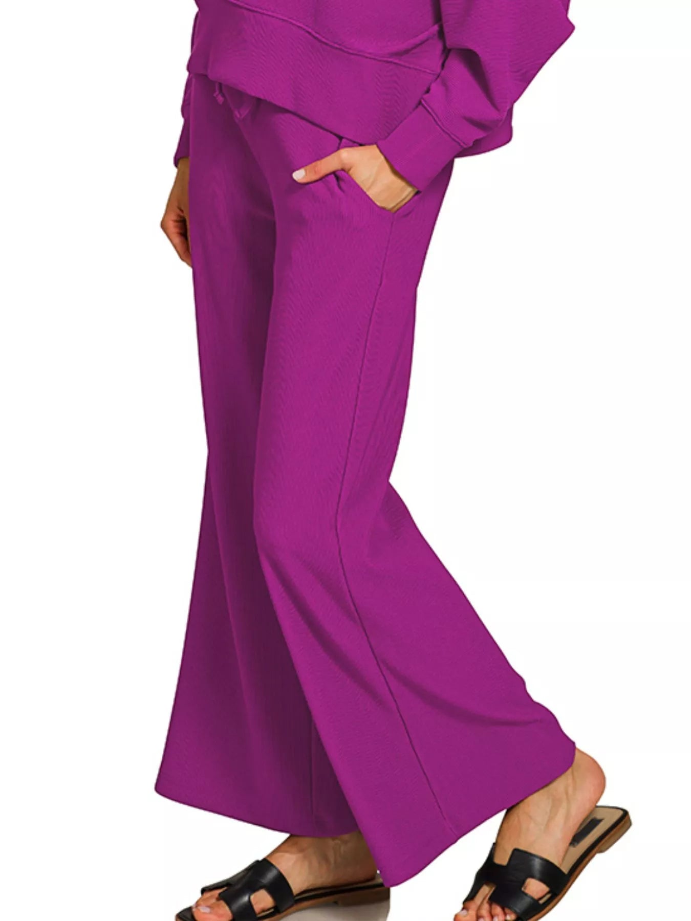 Zenana Light Plum Ribbed Round Neck Pullover and Drawstring Pants Set