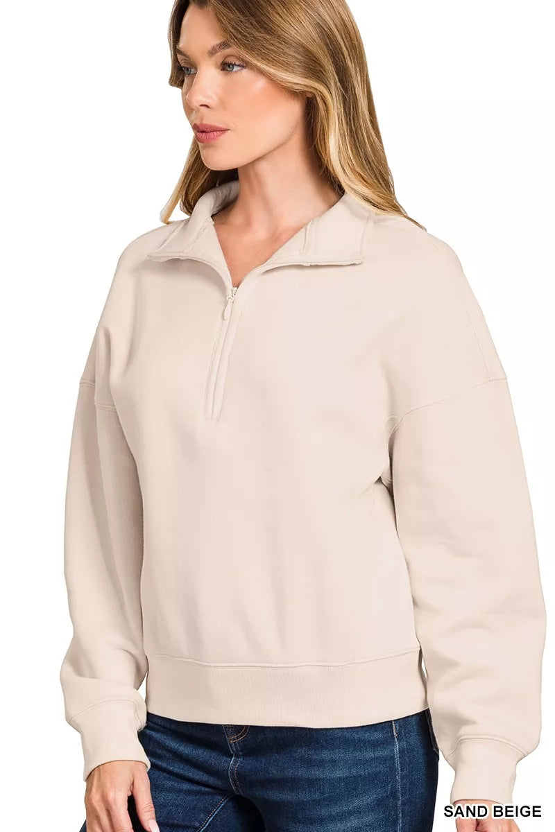 Zenana Sand Beige Fleece High Neck Half Zip Sweatshirt
