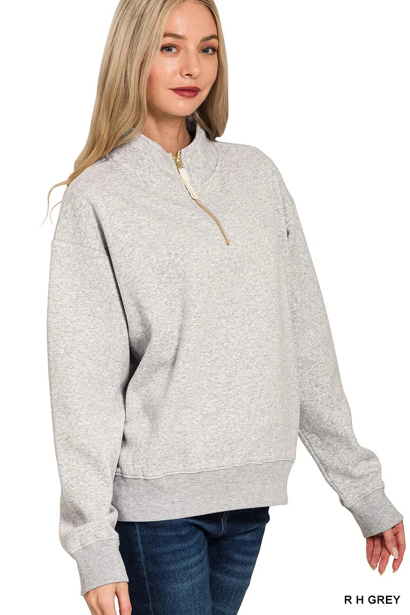 Zenana Heather Gray Fleece Half Zip Sweatshirt