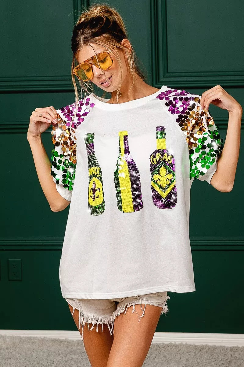 BiBi Sequin Mardi Gras Bottles Spangled Sleeve Top