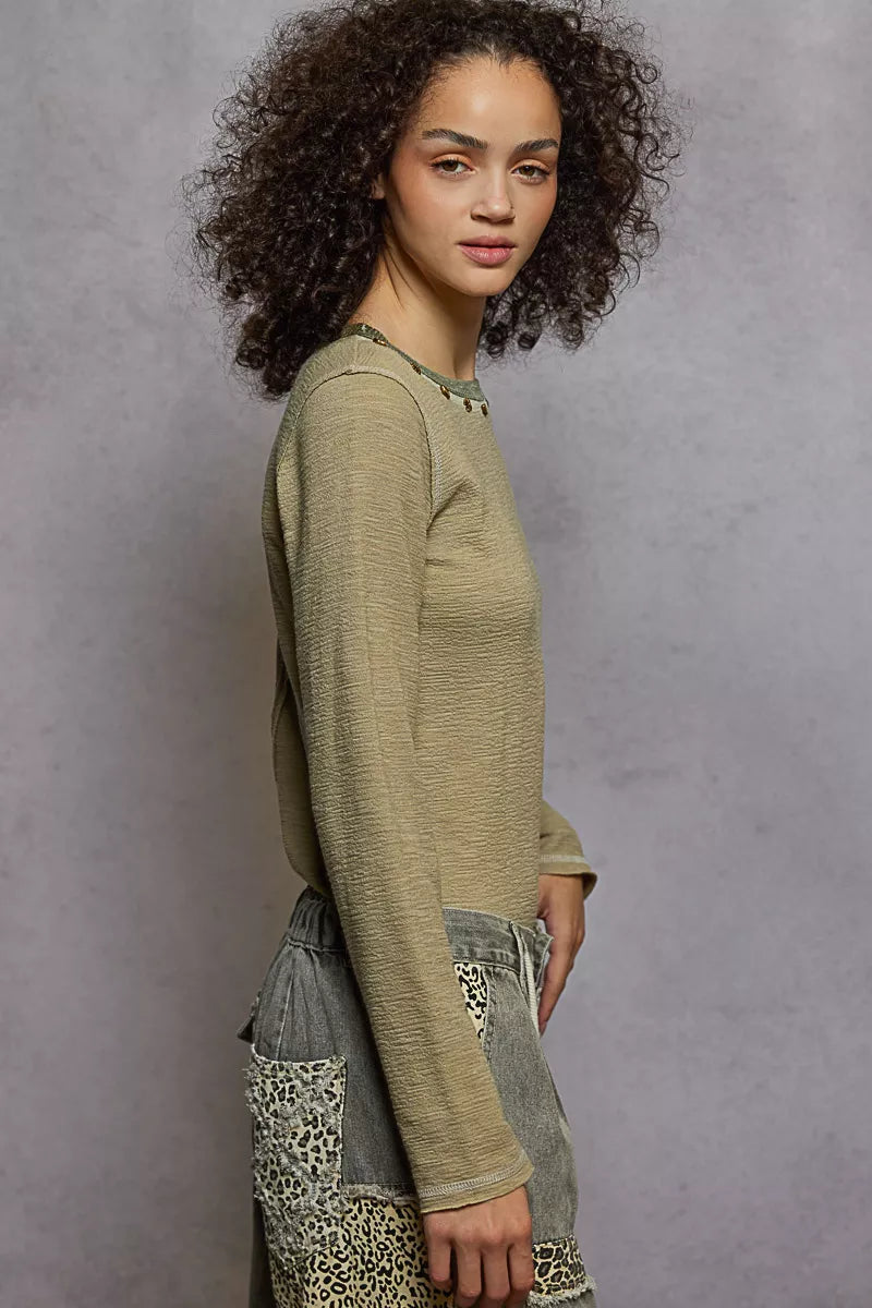 POL Olive Round Neck Long Sleeve Contrast Stitching T-Shirt with Stud Detail