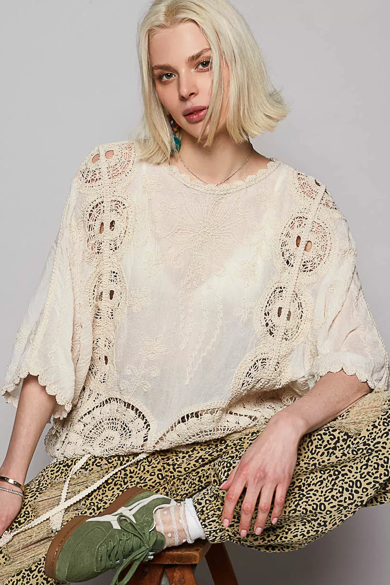 POL Natural Round Neck Crochet Top with Floral Embroidery Detail