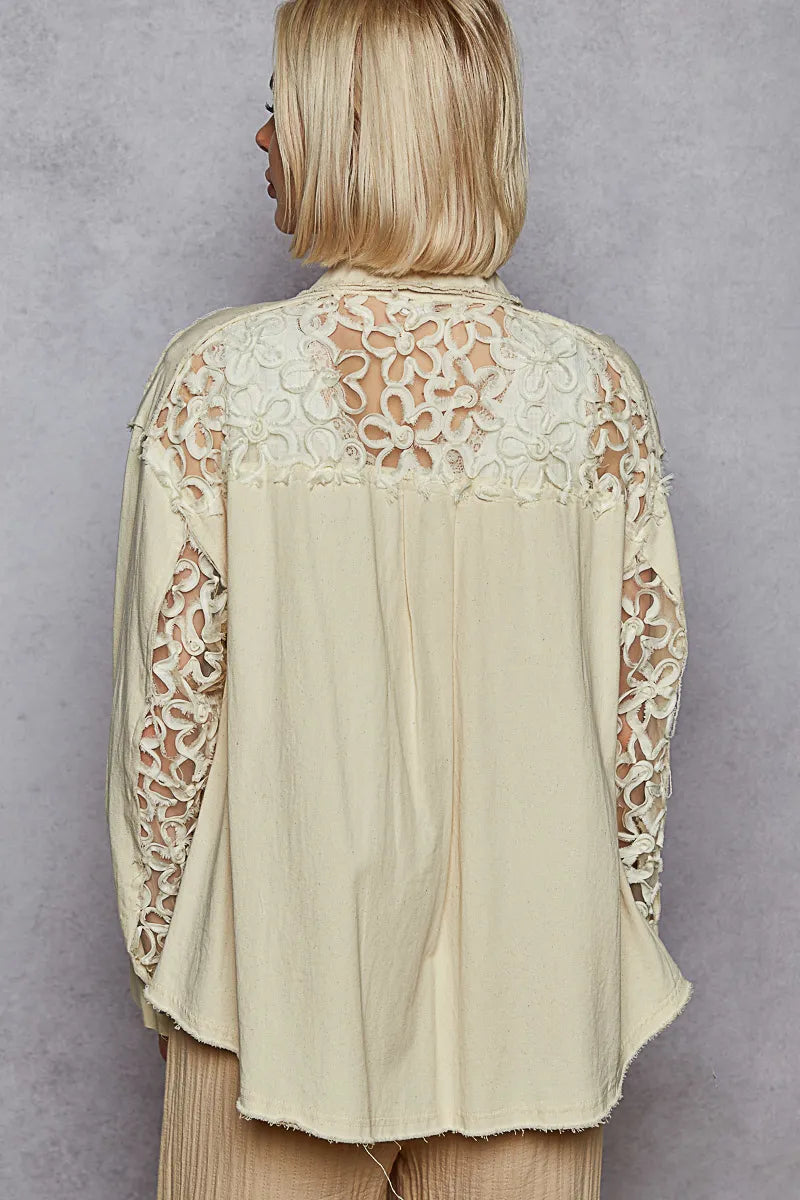 POL Oat Milk Button Down Raw Edge Shirt with Pearl Lace Patch