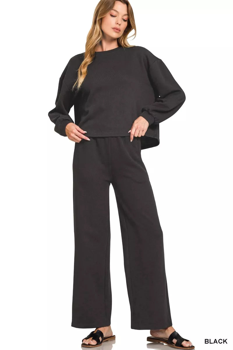 Zenana Black French Rib Pullover and Pants Set BLACK