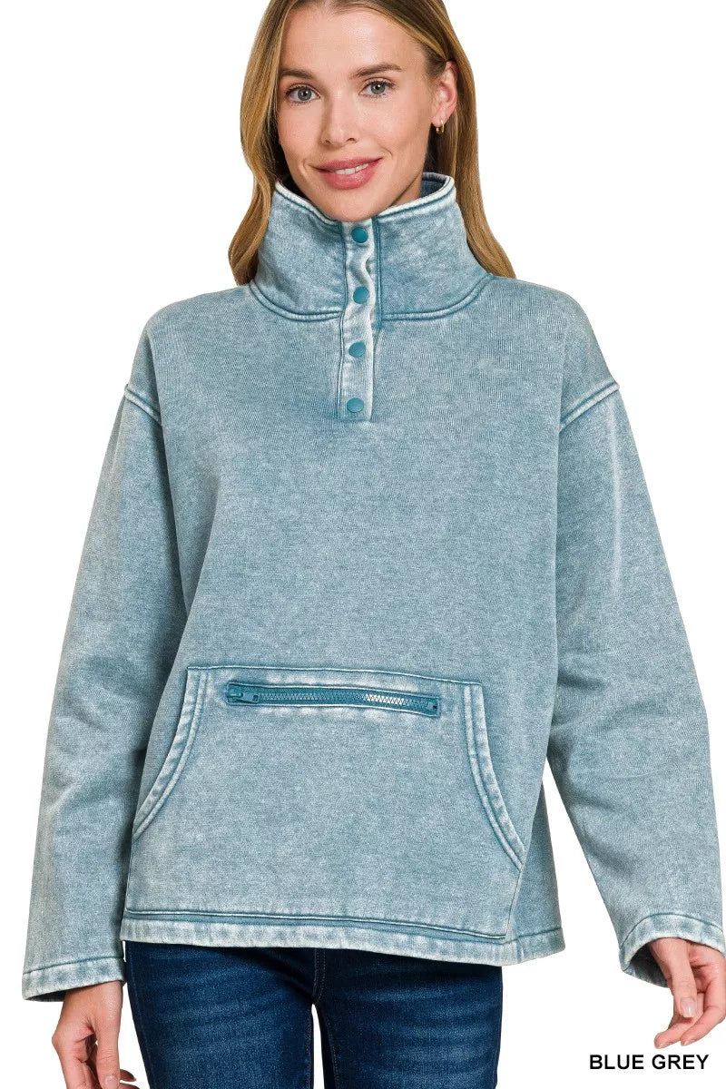 Zenana Blue Grey Fleece Washed High Neck Kangaroo Pocket Sweatshirt BLUE GREY