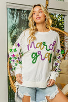 BiBi Off White Fleur De Lis Sleeve Mardi Gras Pullover