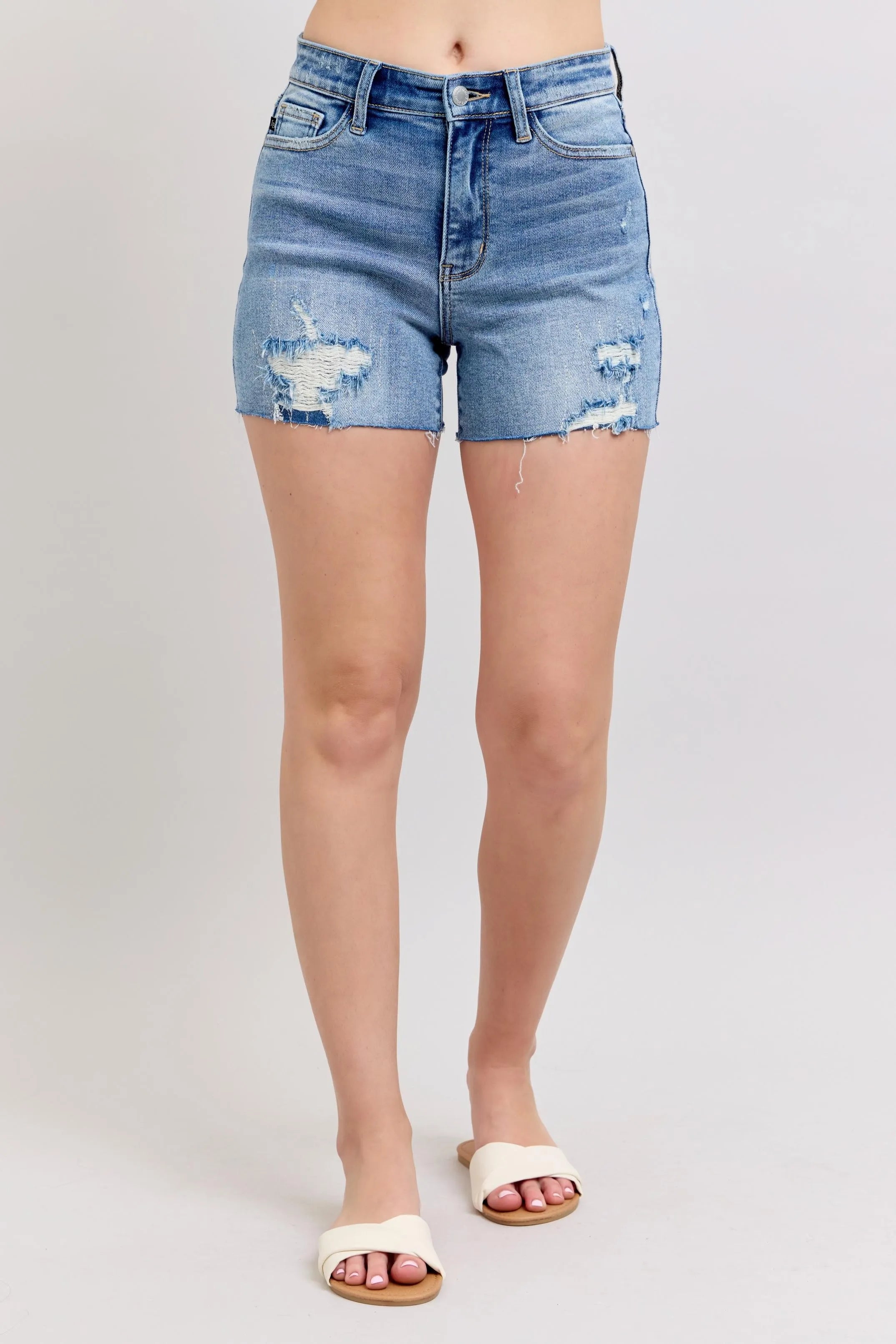 Judy Blue High Waist Denim Shorts W/stitch Over Destroyed Detail