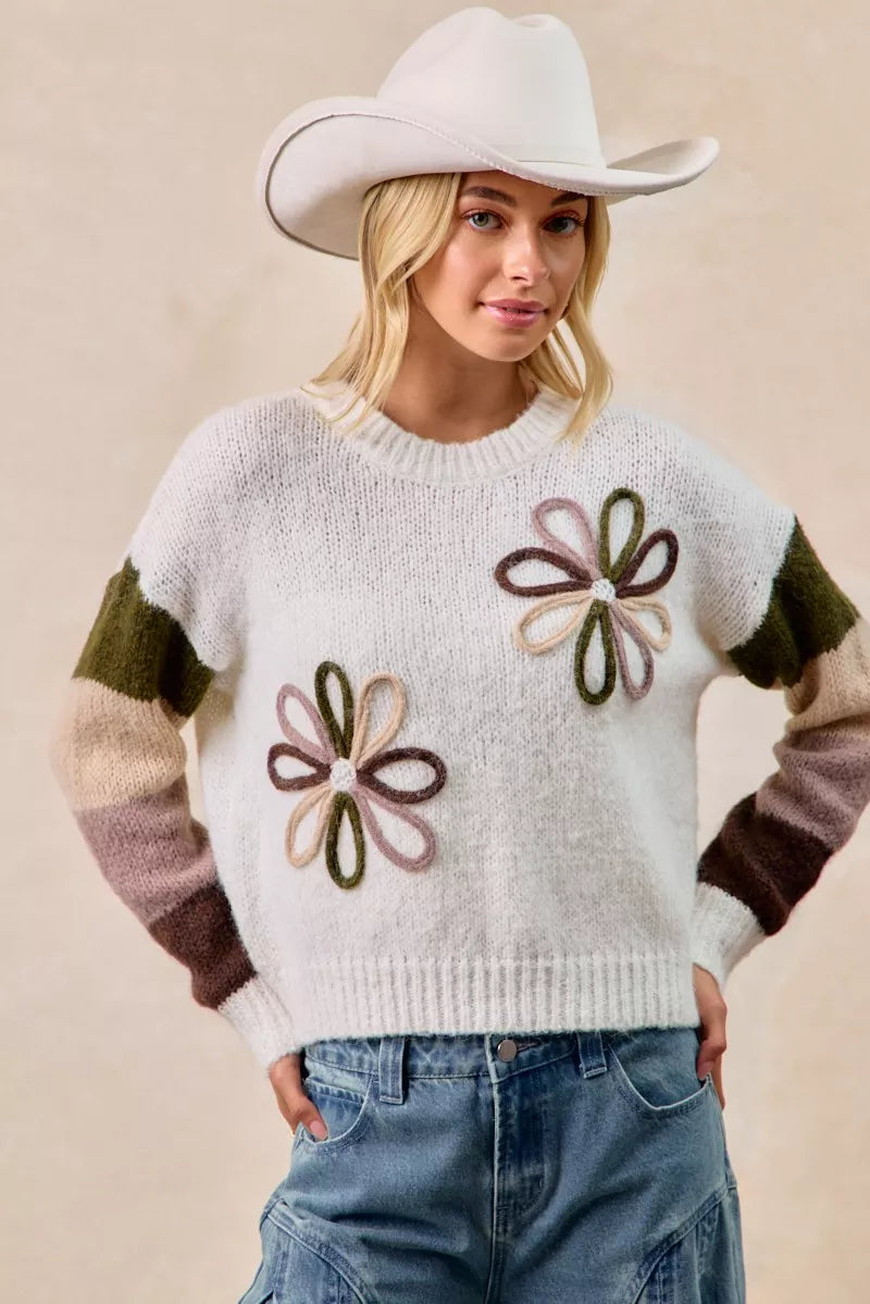 BiBi Ivory & Mocha Flower Color Block Sweater