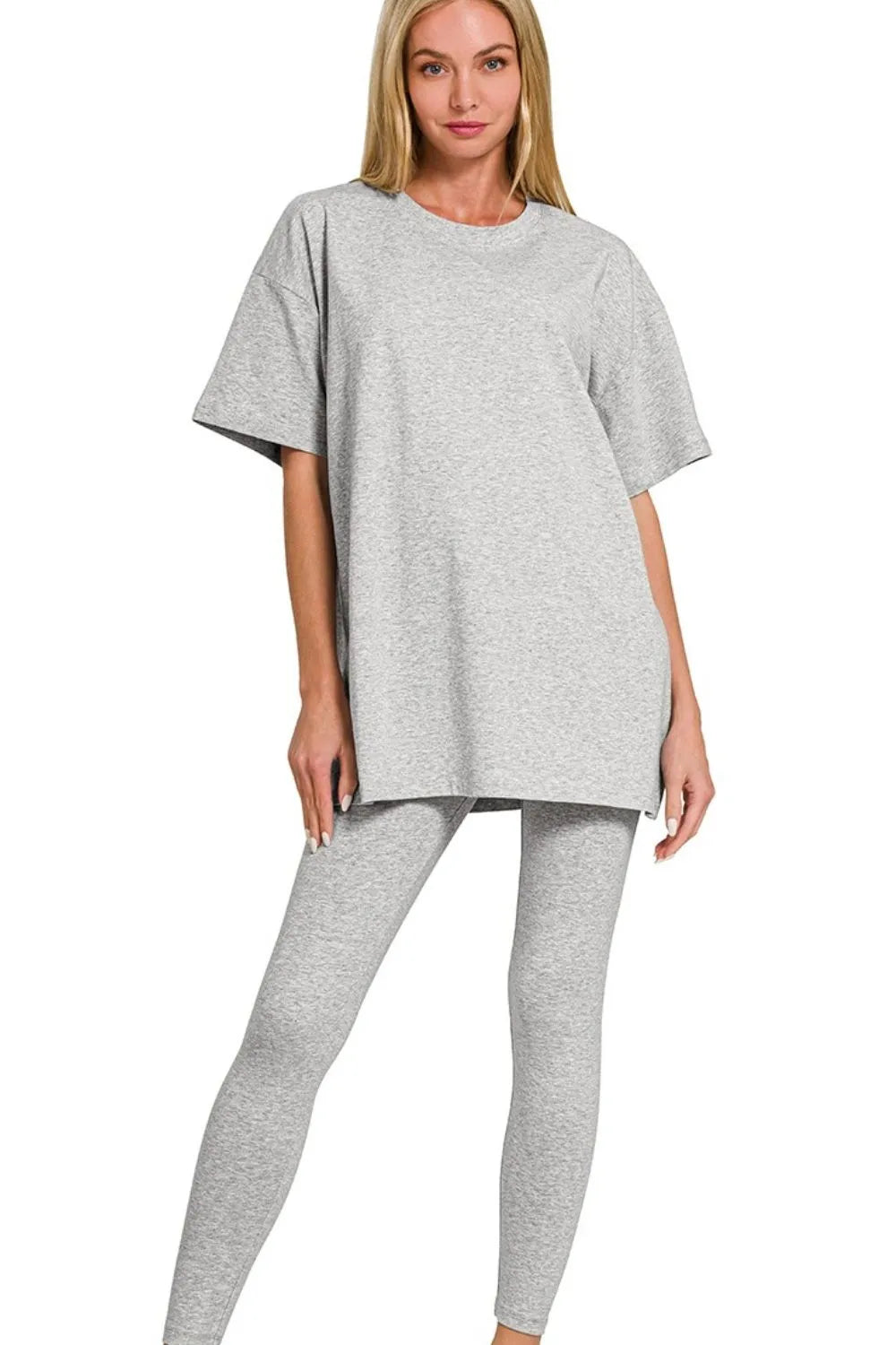 Zenana Heather Gray Cotton Round Neck Top & Legging Set H GREY