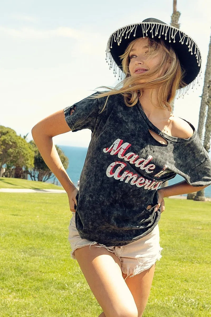 BiBi Laser Cut Mineral Washed Made in America Print Top