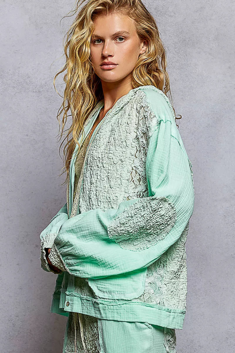 POL Pale Mint Exposed Seam Button Down Hooded Jacket with Lace Detail