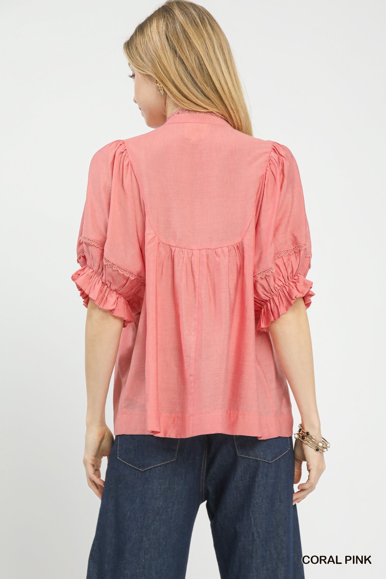 Umgee Coral Pink Smocked Yoke Blouse with Ruffle Sleeves