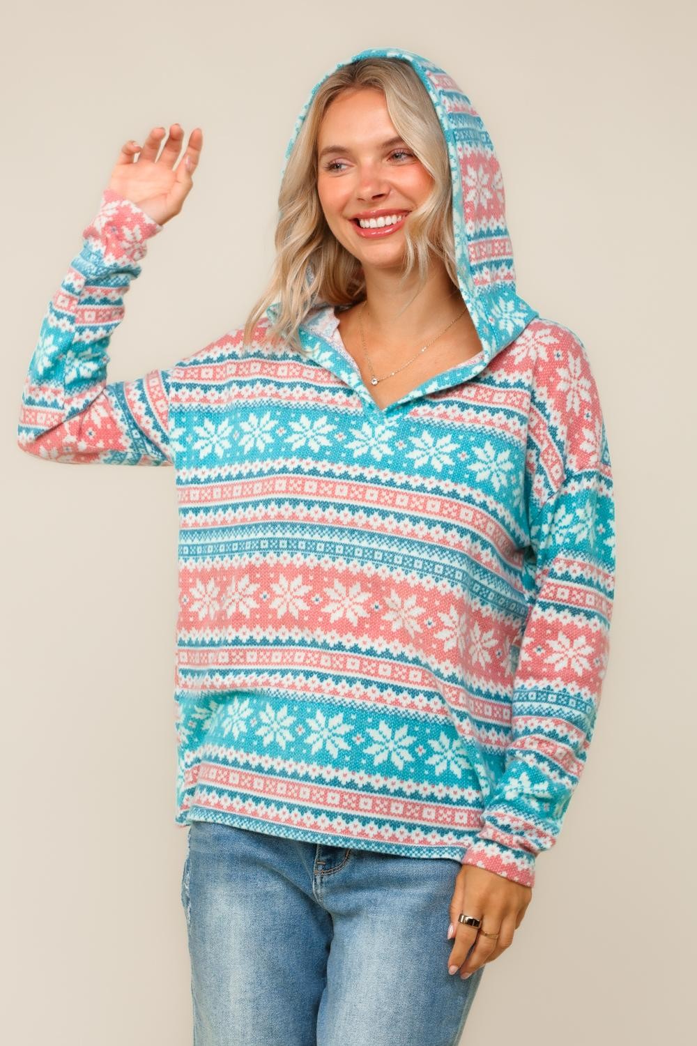 Haptics Teal/Red/White Snowflake Print Brushed Hacci Hoodie Pullover