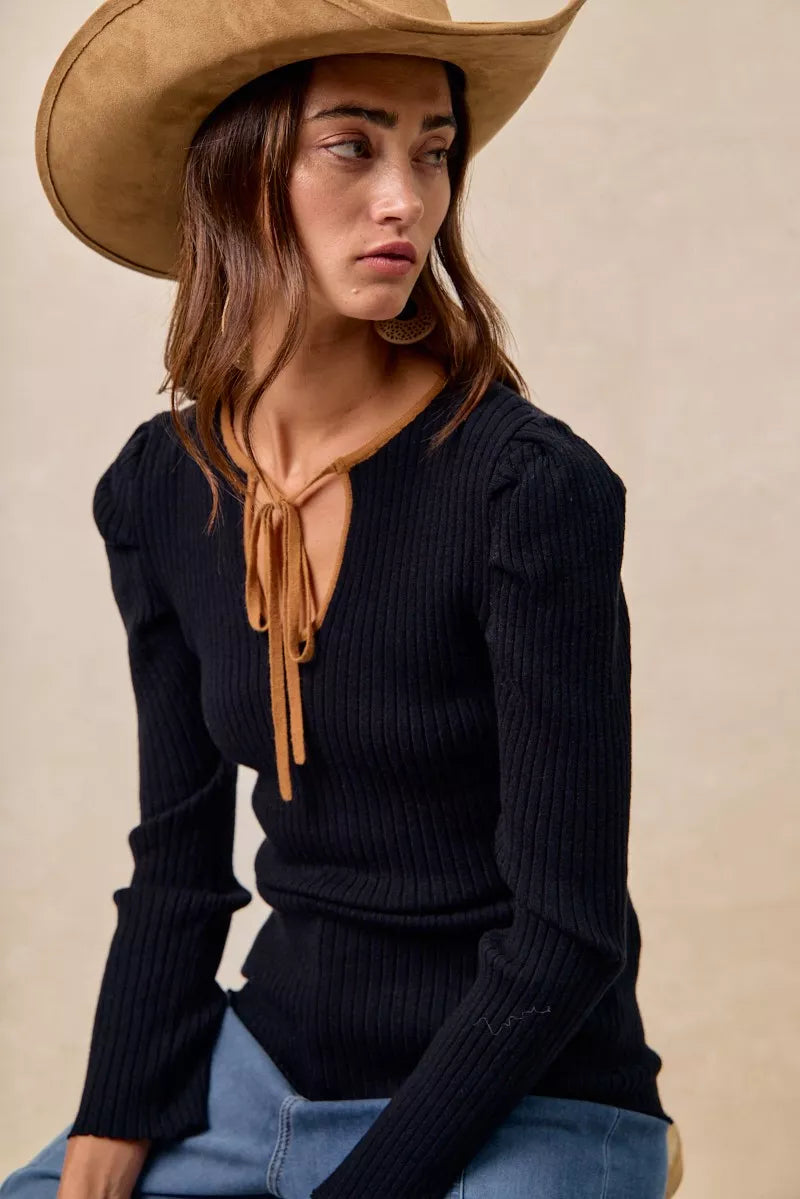 BiBi Black & Camel Ribbed Contrast Front Tied Top with Shrried