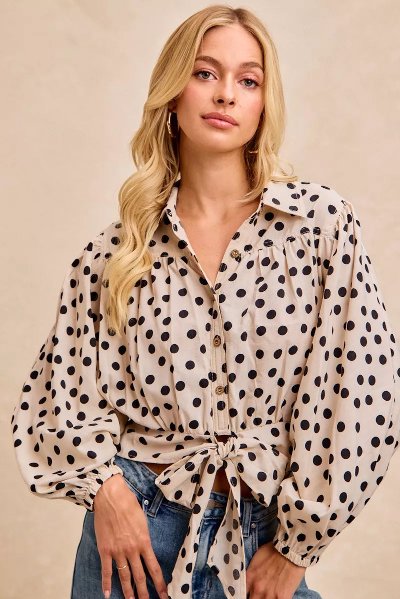 BiBi Cream & Black Polka Dot Print Tie Hem Detail Crop Shirt