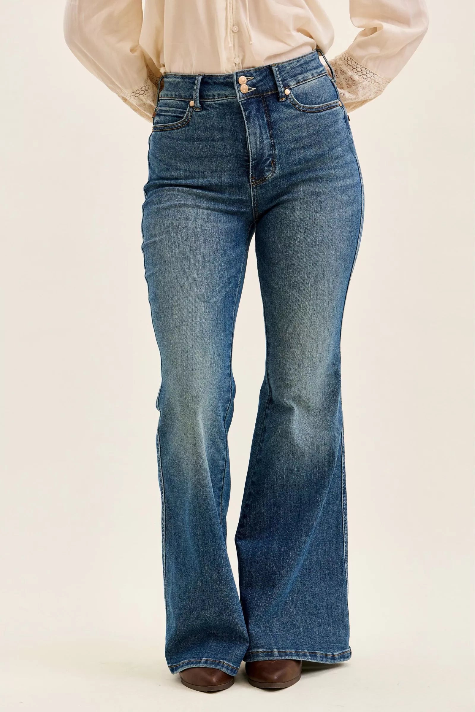 Judy Blue Dark Washed High Waist Double Button Tummy Control Flare Jeans