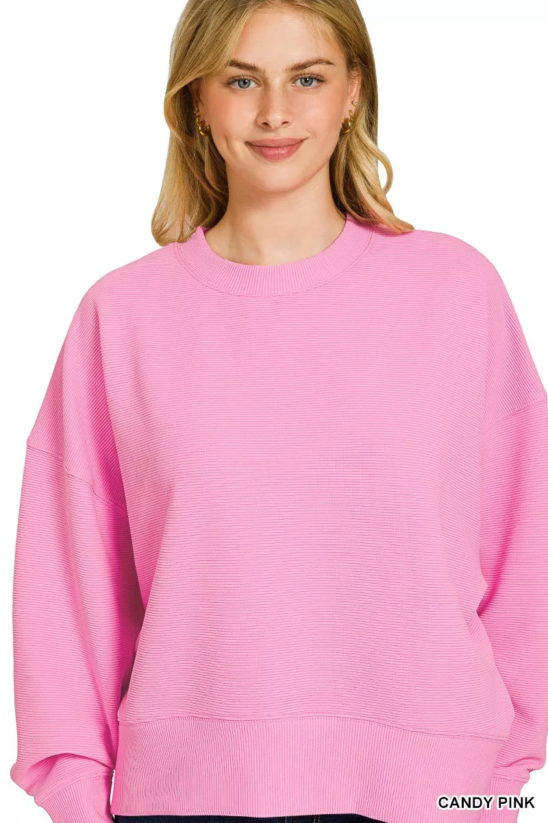 Zenana Candy Pink Ribbed Round Neck Pullover and Shorts Set