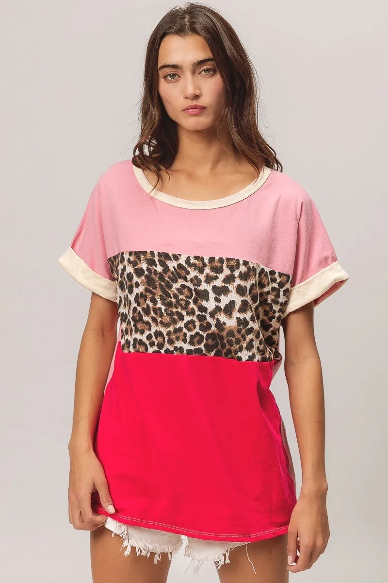BiBi Pink and Fuchsia Leopard Printed Jersey Color Block Roll Up