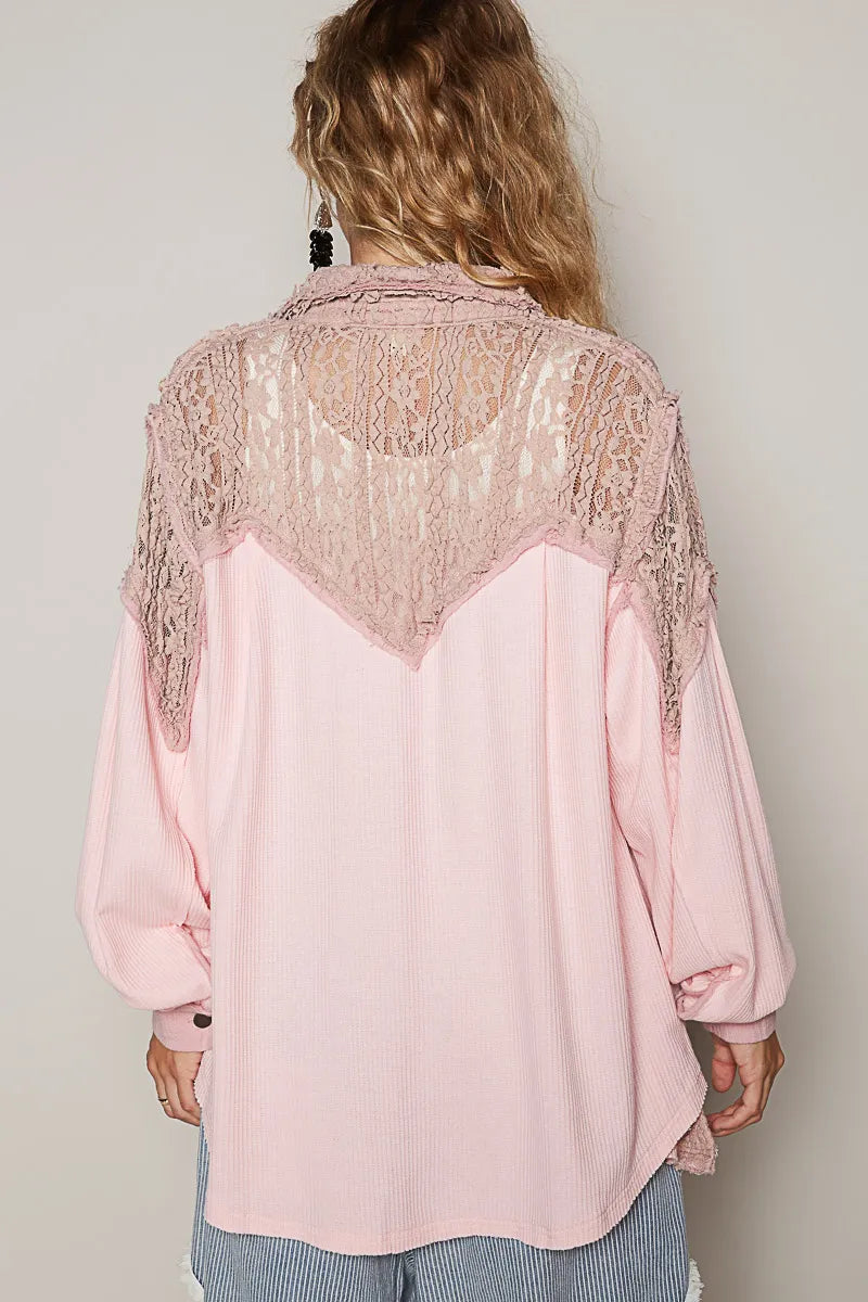 POL Pink Lace Patchwork Button Up Shacket