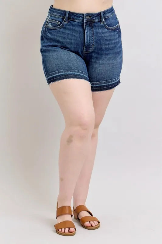 Judy Blue Plus Size Dark Washed HW Tummy Control Destroy Release Hem Denim Shorts DK