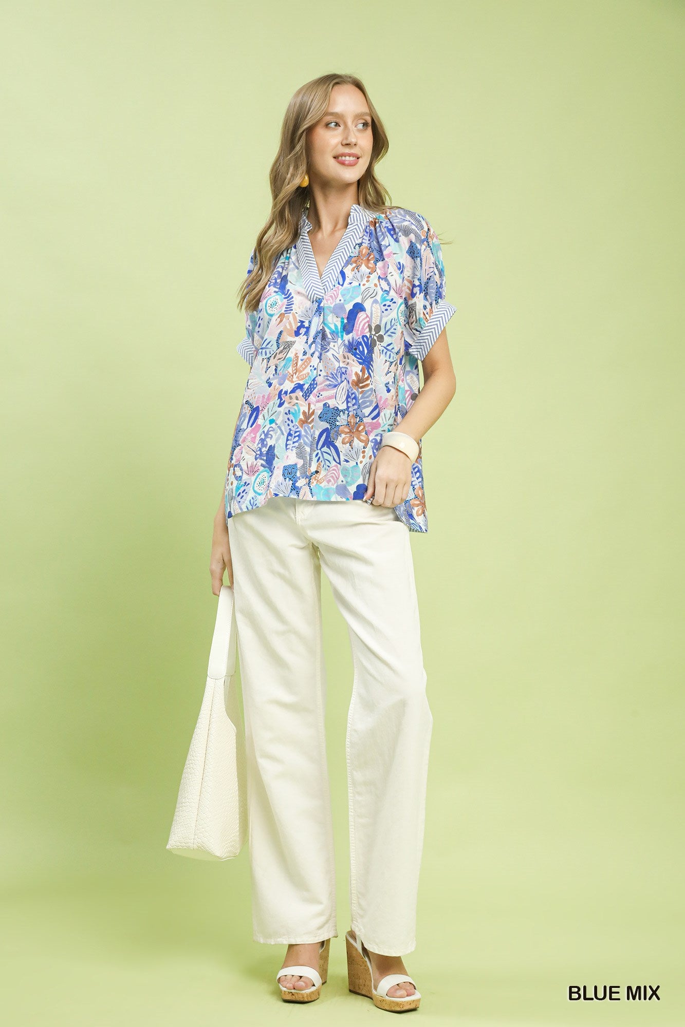 Umgee Blue Mix Boho Printed V-Neck Blouse