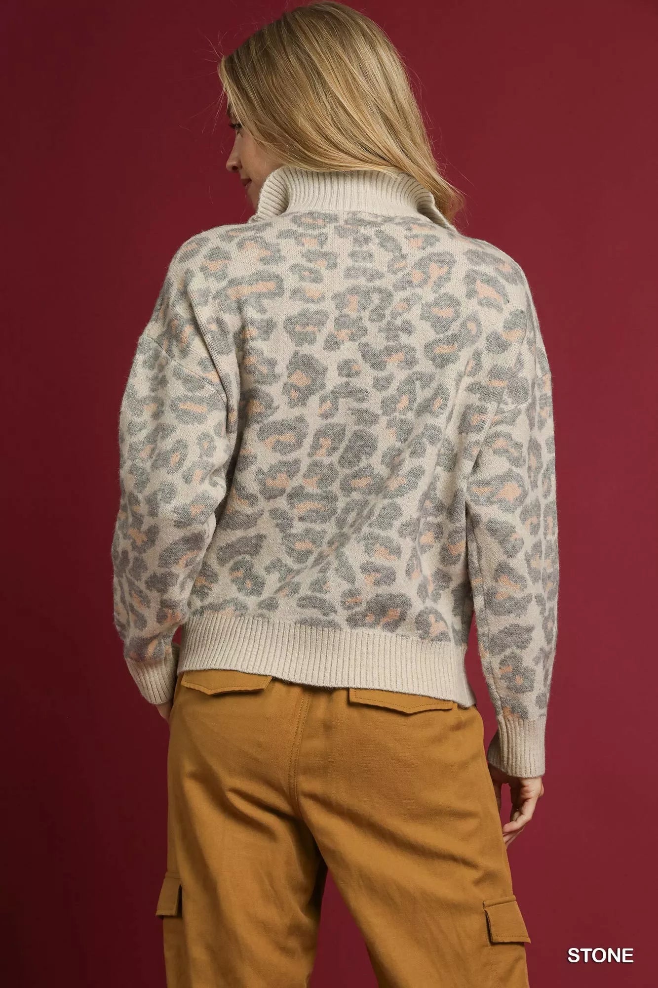 Umgee Stone Leopard Print Quarter-Zip Knit Sweater