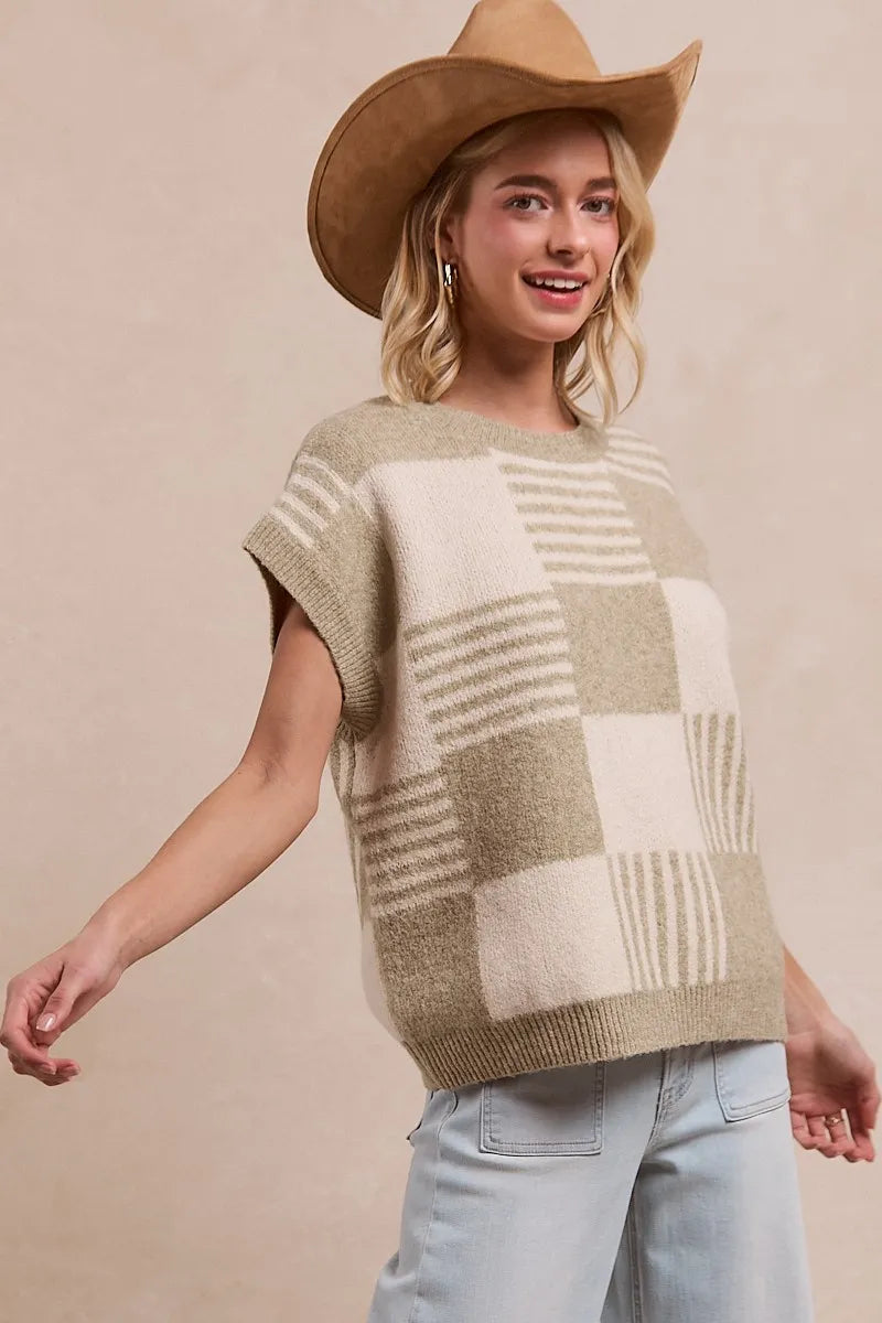 BiBi Olive & Ivory Checker With Stripes Pattern Sleeveless Sweater