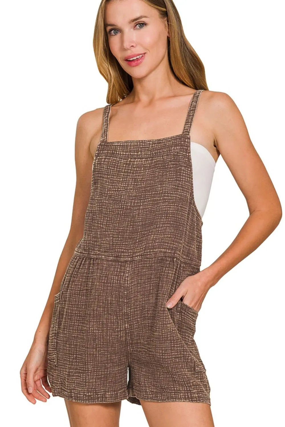Zenana Brown Washed Double Gauze Tie Back Romper BROWN