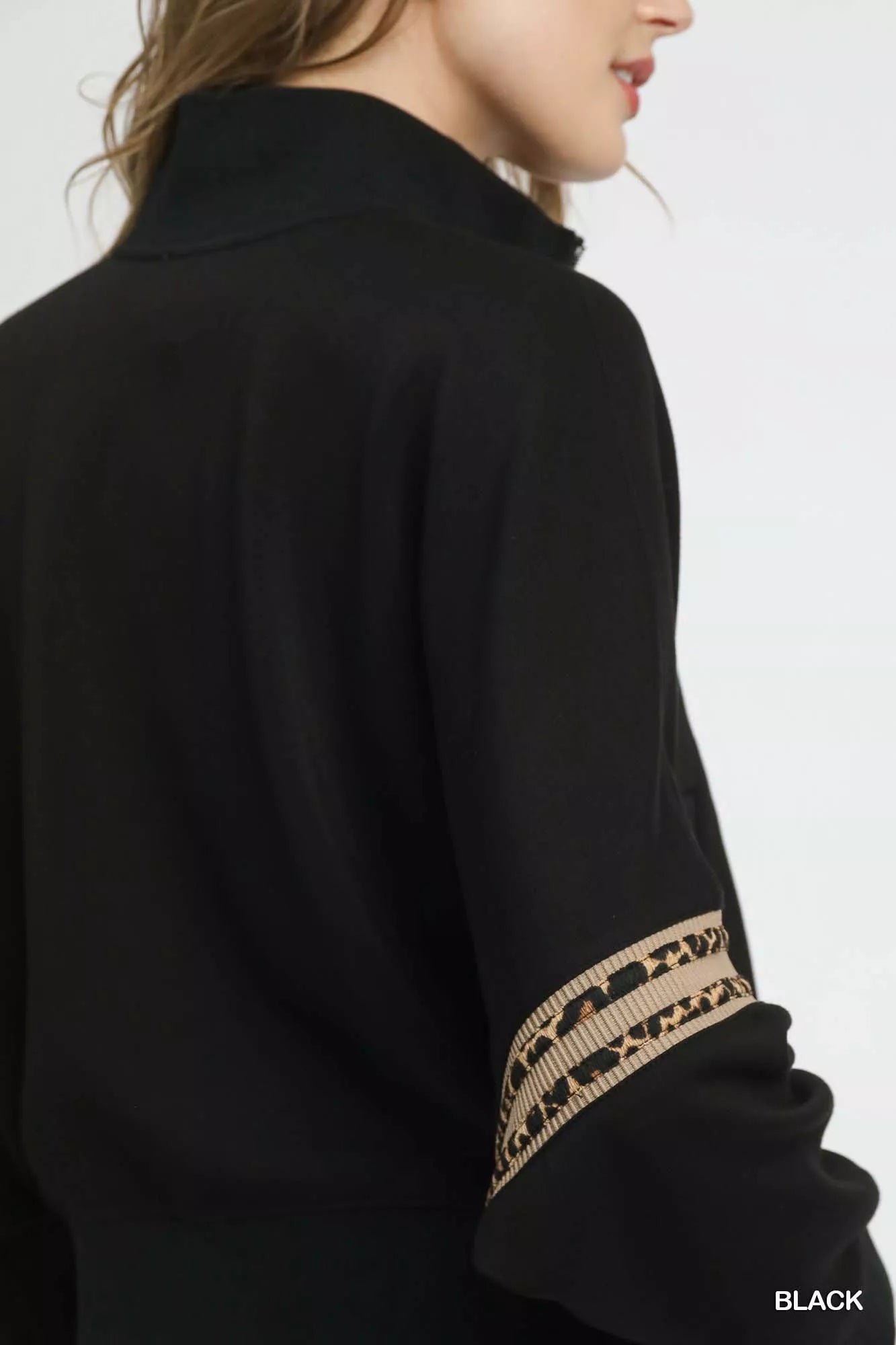 Umgee Black Zipper Up Cropped Jacket with Leopard Trim